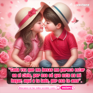 Dibujo digital de una pareja infantil con sombreros de paja a punto de darse un beso, rodeados de abundantes rosas rosadas en un entorno luminoso y romántico.