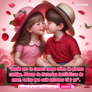Ilustración romántica de estilo tierno con una niña y un niño usando sombreros, donde el niño le da un tierno beso en la mejilla a la niña mientras pétalos de rosa flotan en un fondo rosa.