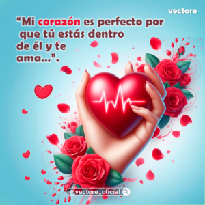 Ilustración digital en 3D que muestra una mano sosteniendo un corazón rojo brillante con una línea de latido médico (electrocardiograma) blanca en el centro, rodeado de rosas rojas realistas y pétalos flotando sobre un fondo azul claro.