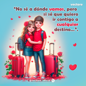 Arte digital de una tierna pareja de niños con camisetas rojas listos para viajar; están abrazados junto a dos grandes maletas rojas con ruedas, rodeados de rosas y pétalos sobre un fondo celeste.