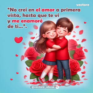 Dibujo romántico en 3D de un niño y una niña con ropa roja abrazándose felices y sonriendo con los ojos cerrados, frente a un gran arreglo de rosas rojas con pétalos volando en un fondo azul pastel.