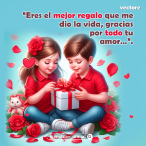 Ilustración en 3D de dos niños con camisetas rojas sentados en el suelo abriendo juntos un regalo blanco con un gran lazo rojo; a su lado hay un osito de peluche y están rodeados de rosas rojas.