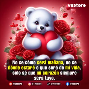 Imagen tierna de un osito de peluche blanco sentado y abrazando un gran corazón rojo brillante. El oso está rodeado de un frondoso arreglo de rosas rojas y rosadas con pequeños globos en forma de corazón flotando en un fondo rojo degradado.