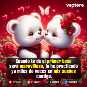 Dos ositos de peluche blancos a punto de darse un tierno beso. El osito de la izquierda lleva un chaleco a cuadros rojos y negros, y la osita de la derecha tiene un vestido rojo y una rosa roja en la cabeza, rodeados de flores rojas y una mariposa blanca flotando en el centro.