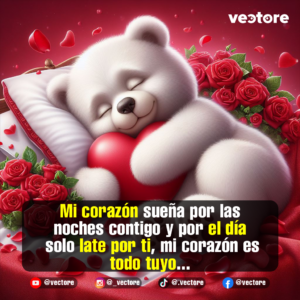Ilustración de un adorable osito de peluche blanco durmiendo plácidamente en una cama con almohada blanca, abrazando un corazón rojo. La escena está decorada con ramos de rosas rojas a los lados y pétalos flotando sobre sábanas de seda roja.