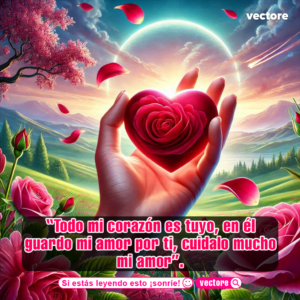 Composición digital de una mano alzando un gran corazón rojo con una rosa grabada en el centro, con un fondo de colinas verdes, un cielo con una gran luna llena brillante y un cometa cruzando el aire.