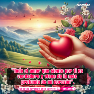 Una mano sosteniendo un corazón rojo tridimensional frente a un paisaje idílico de montañas cubiertas por la niebla, prados verdes y arreglos de flores blancas y rosas.