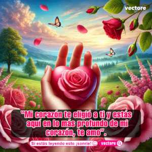 Primer plano de una mano sosteniendo un corazón rosa con una rosa esculpida en su interior, situado sobre un hermoso paisaje natural de colinas verdes, flores y mariposas al amanecer.