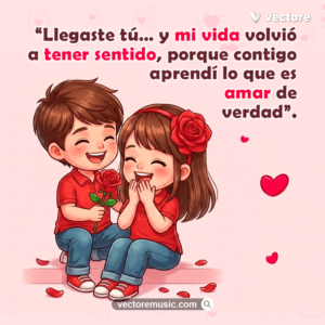 Imagen romántica de un niño sonriente regalando una rosa roja a una niña muy feliz en un fondo rosa claro con corazones. Tarjeta con frases sobre el sentido de la vida y amar de verdad.