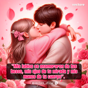 Arte digital romántico en 3D de un joven abrazando y besando apasionadamente a una chica con un suéter rosa y un lazo en el cabello, rodeados de abundantes rosas rosadas en un entorno de tonos cálidos.
