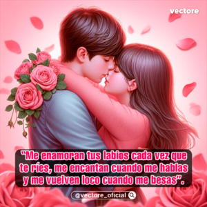 Ilustración en 3D de una pareja joven a punto de besarse tiernamente; el chico lleva un ramo de rosas rosadas a la espalda mientras abraza a la chica, en un fondo rosa con pétalos flotantes.