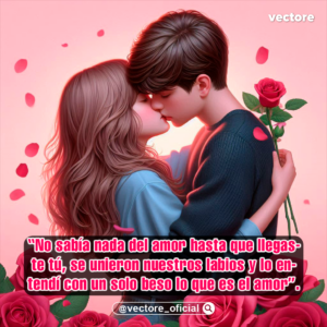 Dibujo digital en 3D de un chico y una chica dándose un tierno beso; el joven sostiene una rosa roja en su mano izquierda detrás de ella, rodeados de pétalos y un gran marco inferior hecho de rosas.