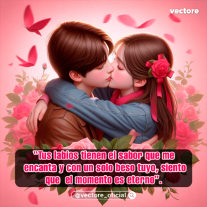 Ilustración romántica en 3D de una joven pareja besándose con los ojos cerrados y abrazados; ella tiene una rosa roja con un lazo en el cabello y el fondo muestra siluetas de mariposas y arbustos de rosas en tonos rosados.
