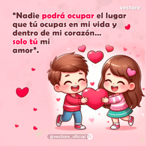 Ilustración digital en estilo chibi de un niño y una niña sonrientes sosteniendo juntos un gran corazón rojo, rodeados de pequeños corazones flotantes sobre un fondo rosa suave.