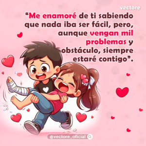Dibujo animado de un niño sosteniendo alegremente en brazos a una niña que ríe; el niño tiene un vendaje en la pierna y la niña un lazo rosa en el cabello, con corazones flotando a su alrededor.
