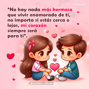 Arte tierno de una pareja de niños chibi sentados de frente y sonriéndose con dulzura, con una hilera vertical de pequeños corazones rosados flotando entre ambos.