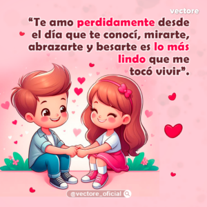 Ilustración romántica de un niño y una niña chibi sentados juntos en el suelo tomados de la mano, sonriendo felices en un entorno decorado con plantas, flores y corazones flotantes.