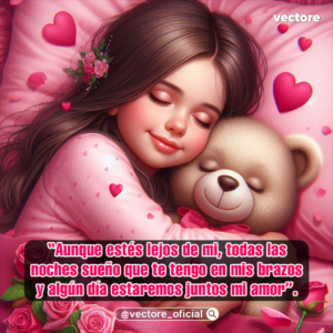 Ilustración animada de una niña durmiendo plácidamente con un pijama rosa de corazones, acurrucada junto a su oso de peluche en una cama, rodeada de rosas rosadas en la parte inferior.