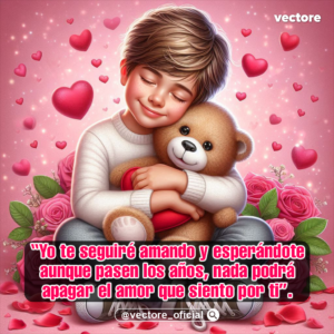 Caricatura infantil de un niño sonriente sentado en el suelo, abrazando fuertemente a un oso de peluche, rodeado de corazones flotantes y un ramo de rosas rosadas a su alrededor.