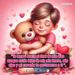 Dibujo de un niño con ojos cerrados y una sonrisa feliz abrazando un oso de peluche que lleva un lazo rosa, decorado con corazones rojos flotantes y rosas en un fondo rosado pastel.