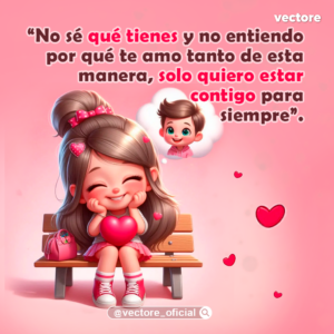 Ilustración de una niña sentada en una banca de parque sosteniendo un corazón rojo entre sus manos con una expresión enamorada, mientras imagina a un niño dentro de una nube de pensamiento.