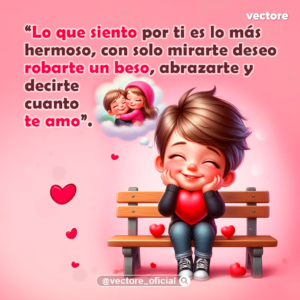 Dibujo animado de un niño sonriente apoyando sus manos en sus mejillas mientras se sienta en una banca rodeado de corazones, imaginando un tierno abrazo con una niña dentro de una nube de pensamiento.