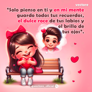Ilustración animada de una niña sonriente sentada en una banca de madera abrazando un gran corazón rojo, mientras imagina el rostro de un niño sonriente dentro de una nube de pensamiento en un fondo rosa.