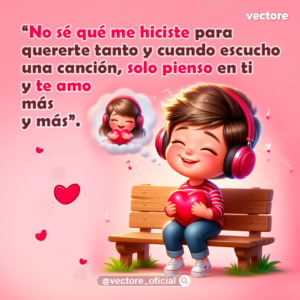 Dibujo tierno de un niño sentado en una banca usando audífonos de diadema color rosa y abrazando un corazón rojo con los ojos cerrados, mientras imagina a una niña feliz que también abraza un corazón dentro de una burbuja de pensamiento.