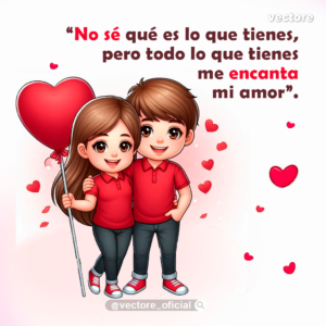 Dibujo digital de una pareja chibi abrazada; la niña sostiene un gran globo rojo en forma de corazón y ambos visten camisetas rojas y pantalones oscuros sobre un fondo blanco con corazones.