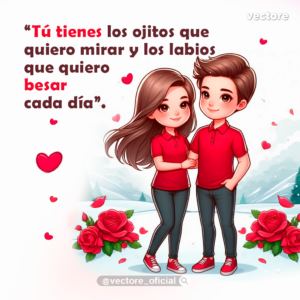 Ilustración de un niño y una niña en estilo chibi tomados de la mano sobre un fondo invernal con nieve, acompañados de arreglos de rosas rojas y pétalos caídos en las esquinas inferiores.