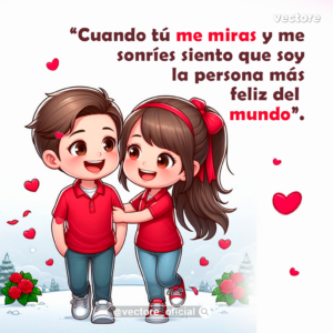 Caricatura de una niña chibi con un gran lazo rojo en el cabello abrazando cariñosamente del brazo a un niño mientras caminan juntos en un paisaje con nieve y decoraciones de rosas rojas.