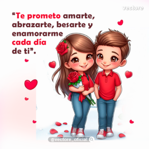 Ilustración tienta de una pareja de niños chibi de pie; la niña tiene una rosa en el cabello y sostiene un ramo de rosas rojas mientras sonríe junto al niño, con pétalos rojos esparcidos en el suelo.