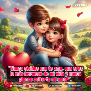 Ilustración tierna de un niño y una niña con ojos verdes abrazados en un prado verde junto a un gran corazón rojo brillante y rosas bajo la luz del sol.