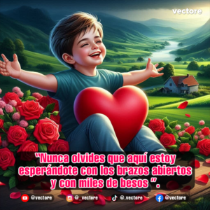 Arte digital de un niño sonriente sentado en el campo con los brazos completamente abiertos junto a un gran corazón rojo y un gran arbusto de rosas rojas y rosadas.