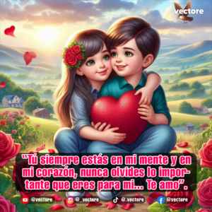 Dibujo digital de una pareja infantil de ojos verdes sentados juntos en el pasto; la niña lleva rosas rojas en el cabello y abraza al niño mientras sostienen un gran corazón rojo al atardecer.