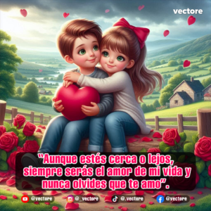 Ilustración romántica de un niño y una niña abrazados en un banco de madera en el campo; el niño sostiene un gran corazón rojo, rodeados de rosas rojas y pétalos flotando en el aire.