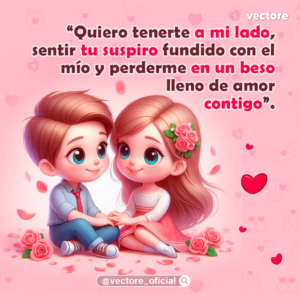 Arte conceptual en 3D de una tierna pareja de niños sentados juntos y tomados de la mano; el niño viste camisa celeste con corbata roja y la niña un vestido rosa con flores en el cabello, rodeados de rosas y pétalos flotantes.