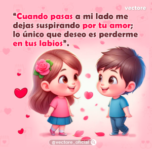 Dibujo animado de una niña con una flor rosa en el cabello y blusa rosa que camina sonriente hacia un niño con playera azul; ambos se miran fijamente rodeados de pétalos de rosa y corazones flotando en el aire sobre un fondo rosa pastel.
