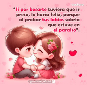Ilustración animada y romántica de un niño y una niña sentados en el suelo tomados de la mano y a punto de darse un beso, rodeados de rosas rojas y pequeños corazones sobre un fondo rosa pastel.