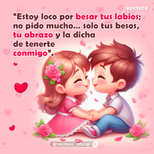 Dibujo animado de estilo chibi que muestra a una niña con un vestido rosa y flores en el cabello tomada de las manos con un niño de camisa blanca y jeans; ambos sonríen con los ojos cerrados en una postura cariñosa sobre un fondo rosa con pétalos cayendo.