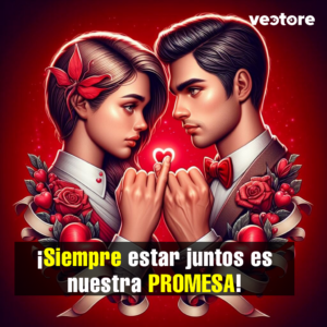 Ilustración de estilo artístico que muestra a un hombre y una mujer elegantes mirándose fijamente mientras entrelazan sus dedos meñiques en una promesa de amor, con un pequeño corazón luminoso entre sus manos, decorado con rosas rojas y cintas decorativas.