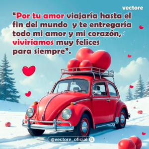 Imagen de un automóvil clásico de estilo escarabajo color rojo viajando por un camino cubierto de nieve, llevando en su portaequipajes del techo un gran corazón rojo decorativo bajo un cielo azul con nubes y pinos.