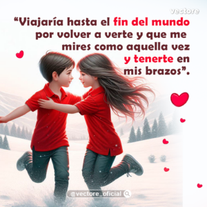 Ilustración digital romántica de una niña y un niño con camisetas rojas corriendo felizmente en un paisaje cubierto de nieve hacia los brazos del otro, rodeados de corazones rojos flotantes.