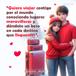 Dibujo romántico en estilo anime de un niño abrazando de lado a una niña que lleva un gorro de lana rojo, parados en un paisaje invernal junto a un juego de maletas rojas cubiertas de nieve.