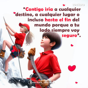 Ilustración animada de una pareja de niños escalando una montaña nevada con cuerdas y equipo de alpinismo; ambos visten camisetas rojas y sonríen con confianza con corazones flotando a su alrededor.