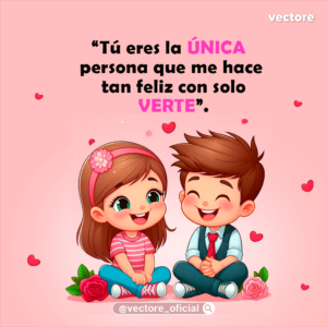 Ilustración infantil en 3D de un niño con chaleco negro y corbata roja junto a una niña con camiseta rosa a rayas, ambos sentados en el suelo sonriendo felices con corazones y rosas a su alrededor.