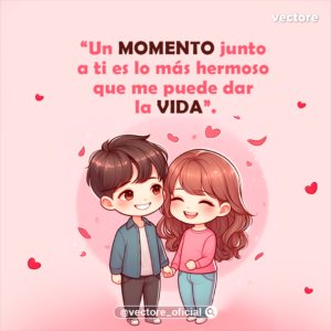 Dibujo animado estilo chibi de un niño con camisa de mezclilla abierta y una niña con suéter rosa caminando de la mano y sonriendo, enmarcados en un fondo con silueta de corazón y pétalos.