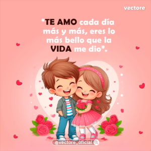 Caricatura romántica de un niño abrazando de lado a una niña que sostiene un pequeño ramo de rosas rojas; de fondo se aprecia un gran corazón rosa y arbustos con rosas en la base.