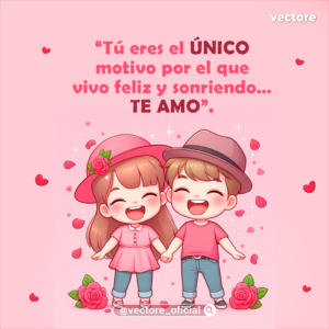 Arte digital infantil de una pareja de niños con sombreros caminando de la mano alegres; la niña lleva un sombrero rosa con una rosa decorativa y el niño un sombrero marrón, acompañados de rosas en las esquinas.