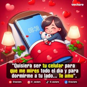 Ilustración digital de estilo anime que muestra a una tierna niña abrazando un oso de peluche mientras duerme arropada en una cama junto a un teléfono inteligente gigante que marca las 08:58, rodeada de rosas rojas y corazones flotantes.